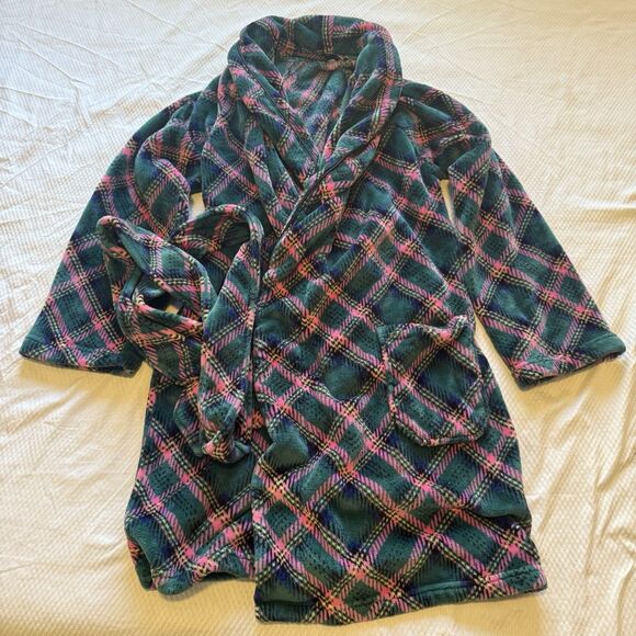 Victoria’s Secret Plush Fleece Short Robe Teal Pink Plaid XS/S Excellent - Picture 8 of 10